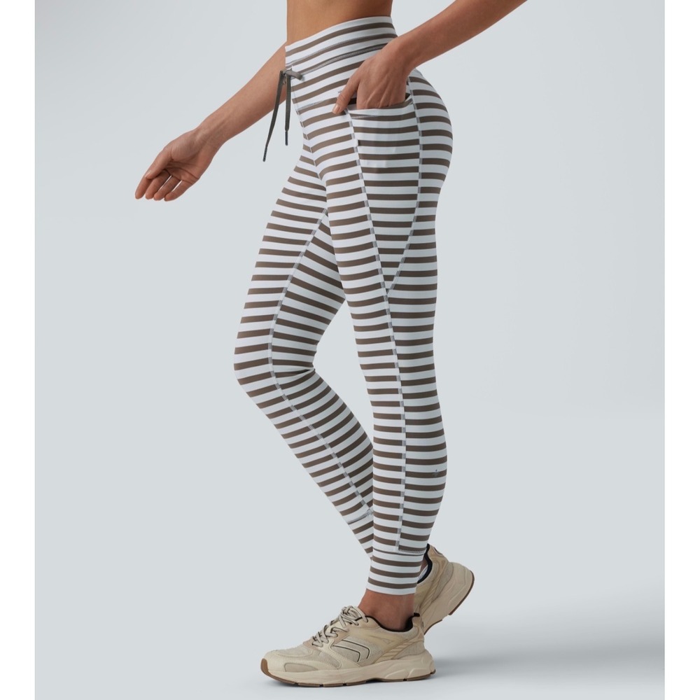 Halara High Waisted Drawstring Stripe Yoga Leggings Pockets Brown White Large